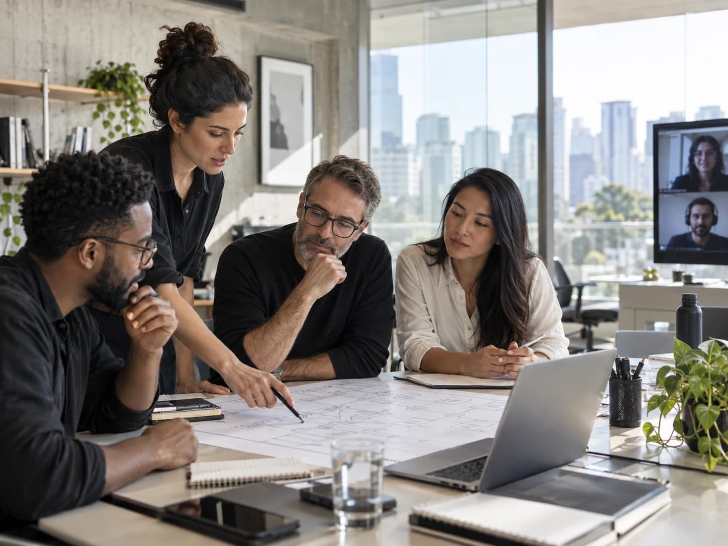 Equipe de software revisando uma arquitetura em um ambiente colaborativo.